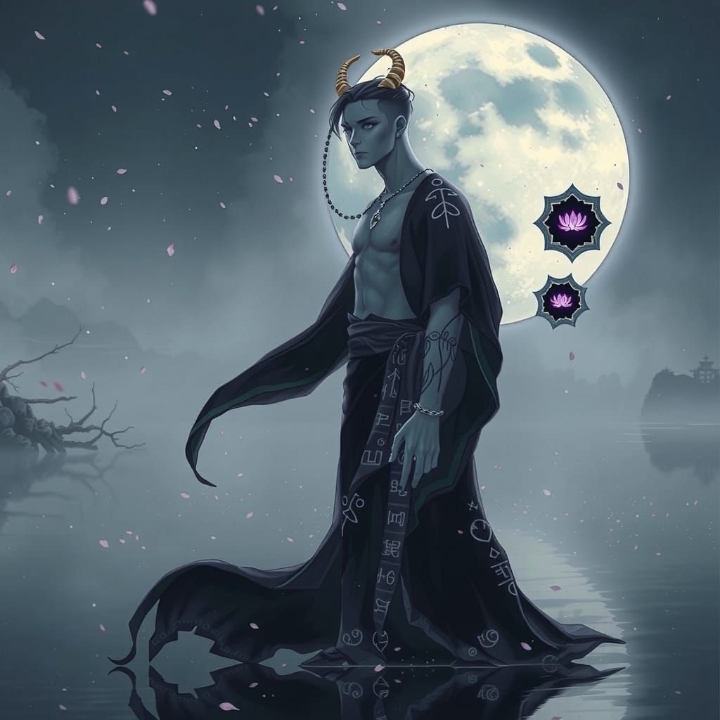 Enigmatic Figure Under Ethereal Moonlight in Chinese Fantasy...