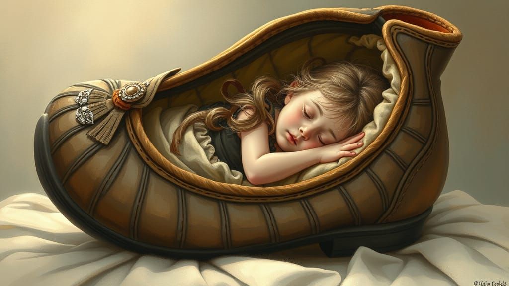 Young Girl Slumbers in Cozy Family Heirloom Shoe
