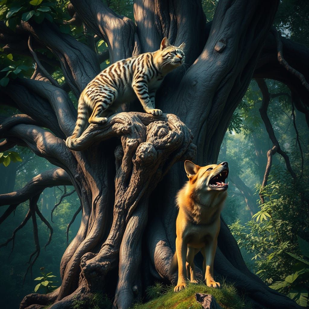 Feline Kingdom Under Siege in Moody, Fantastical Landscape