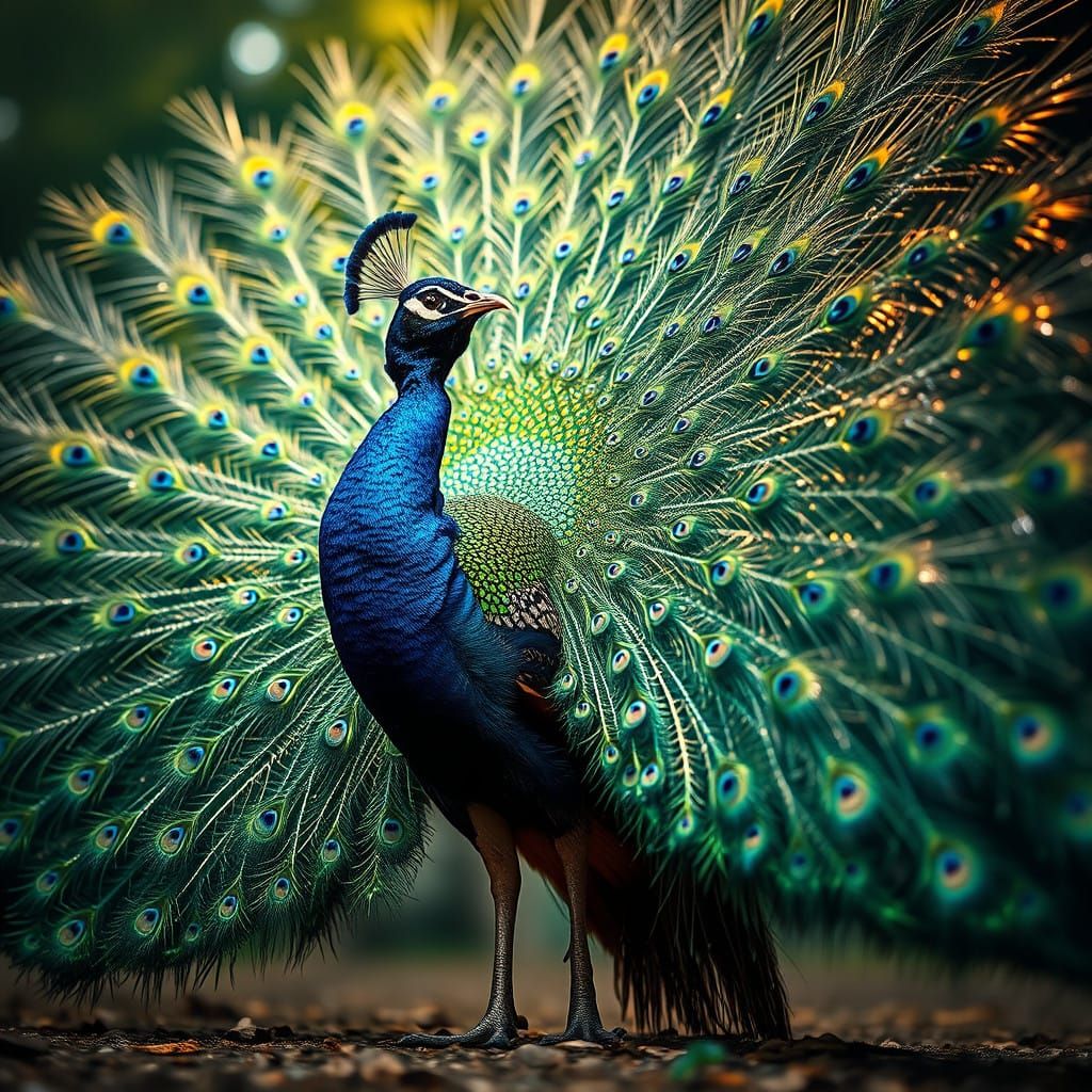Majestic Peacock Displays Resplendent Plumage in Vibrant Mat...