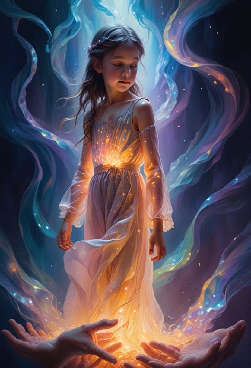 Glowing Child's Hands in Surreal Ethereal Light Painting