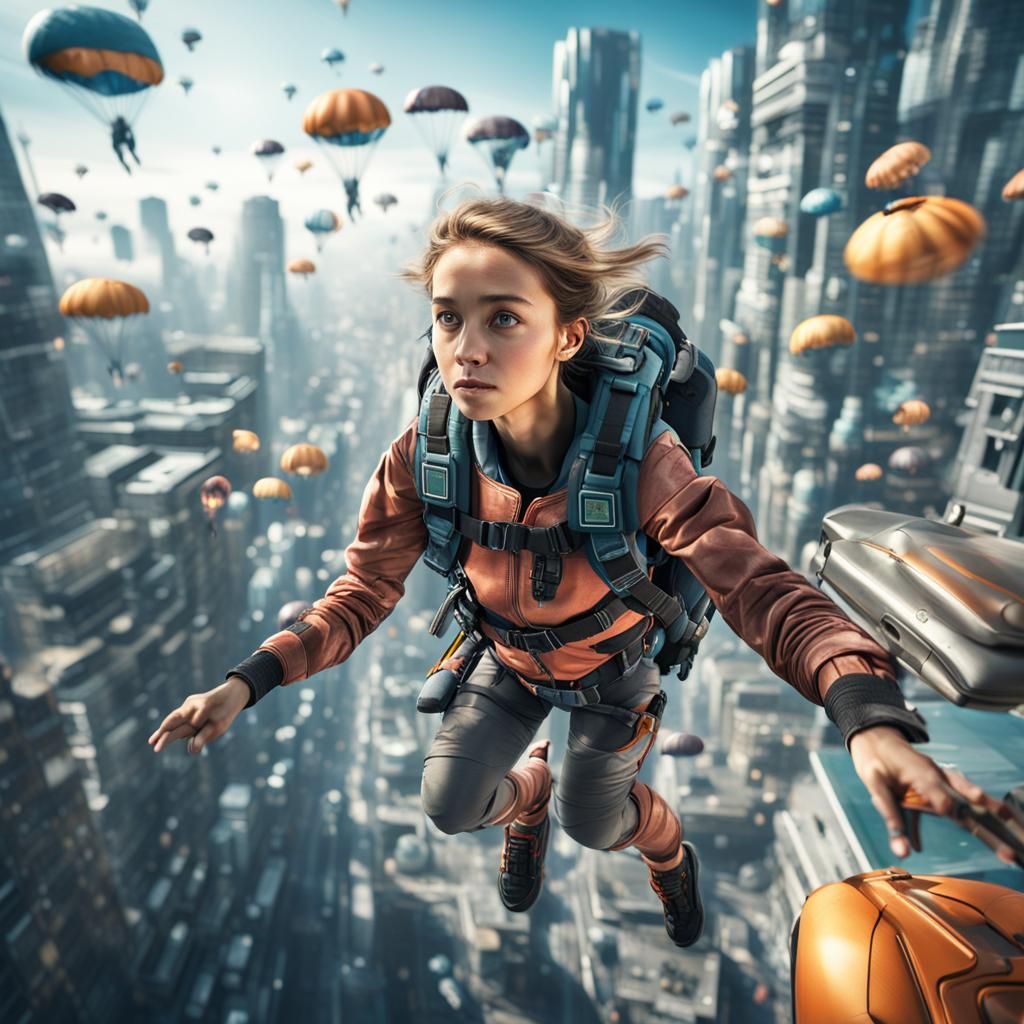 Girl Skydiving into Android City: Hyperrealistic HDR