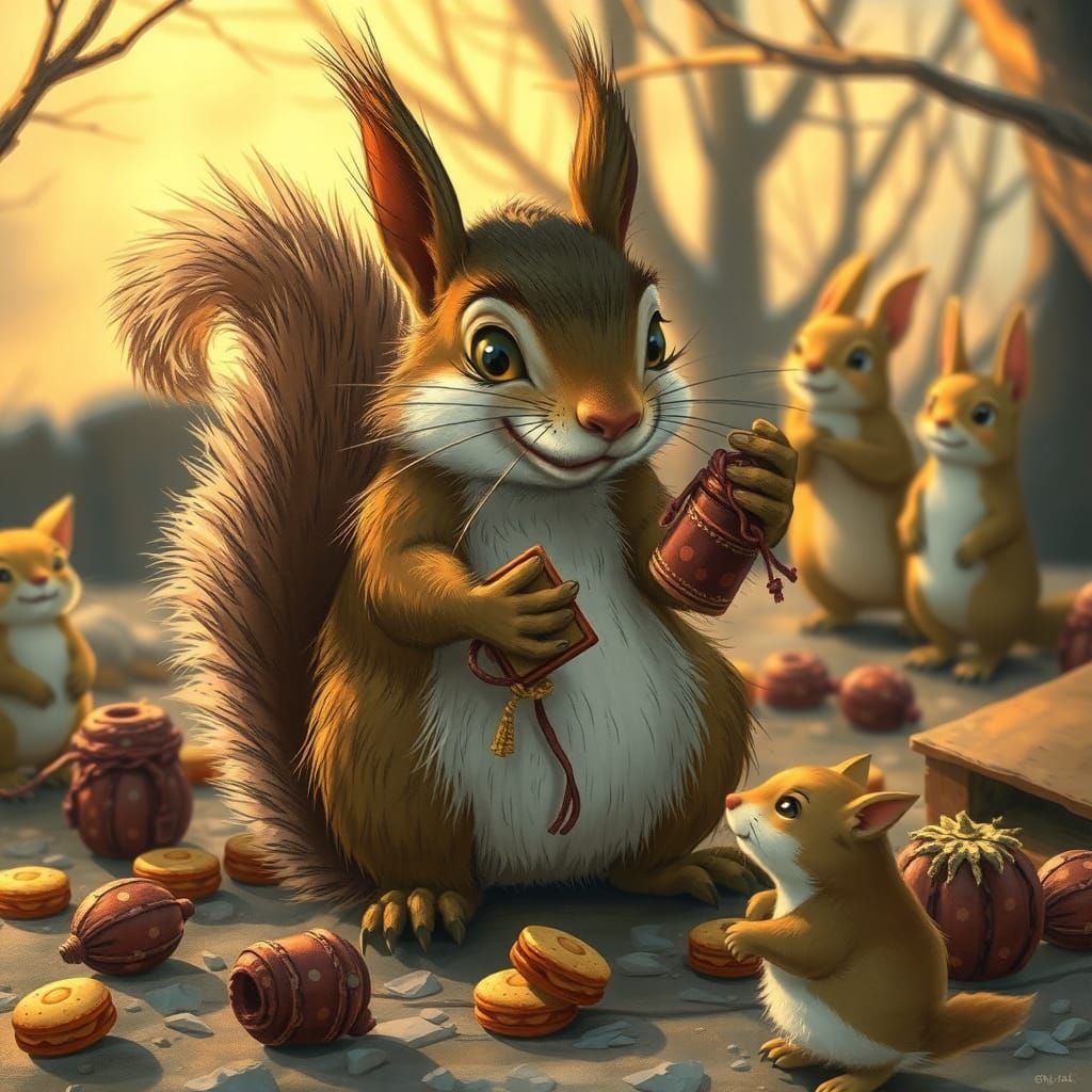 Mischievous Squirrel Stealing Trinkets: Storybook Illustrati...
