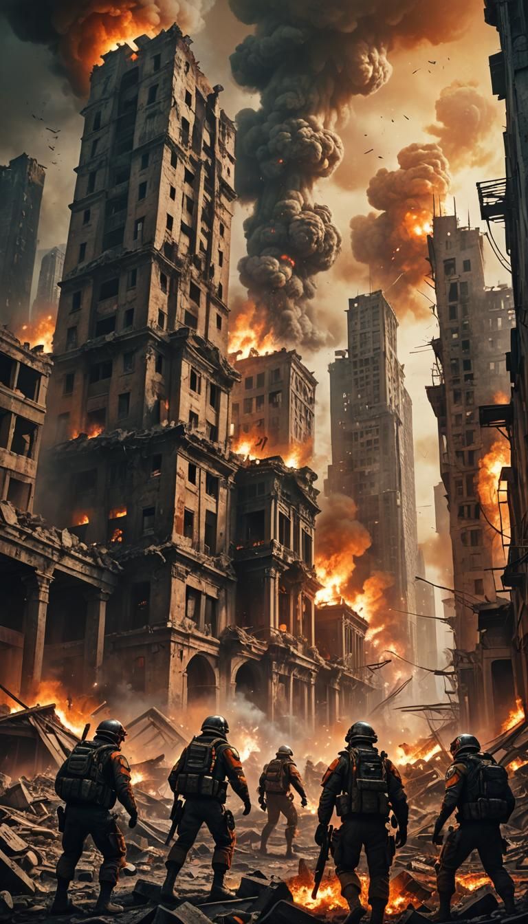 Apocalyptic Sci-Fi Soldiers Fighting in Ruined City