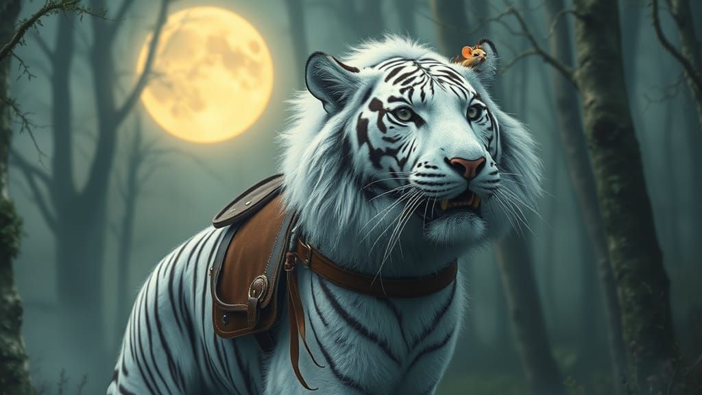 White Tiger Carries Mouse Through Misty Forest