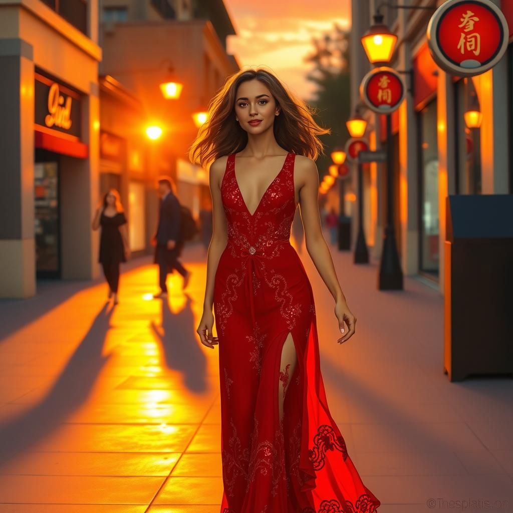 Woman in Red Dress Walking at Dusk, Art Deco Style