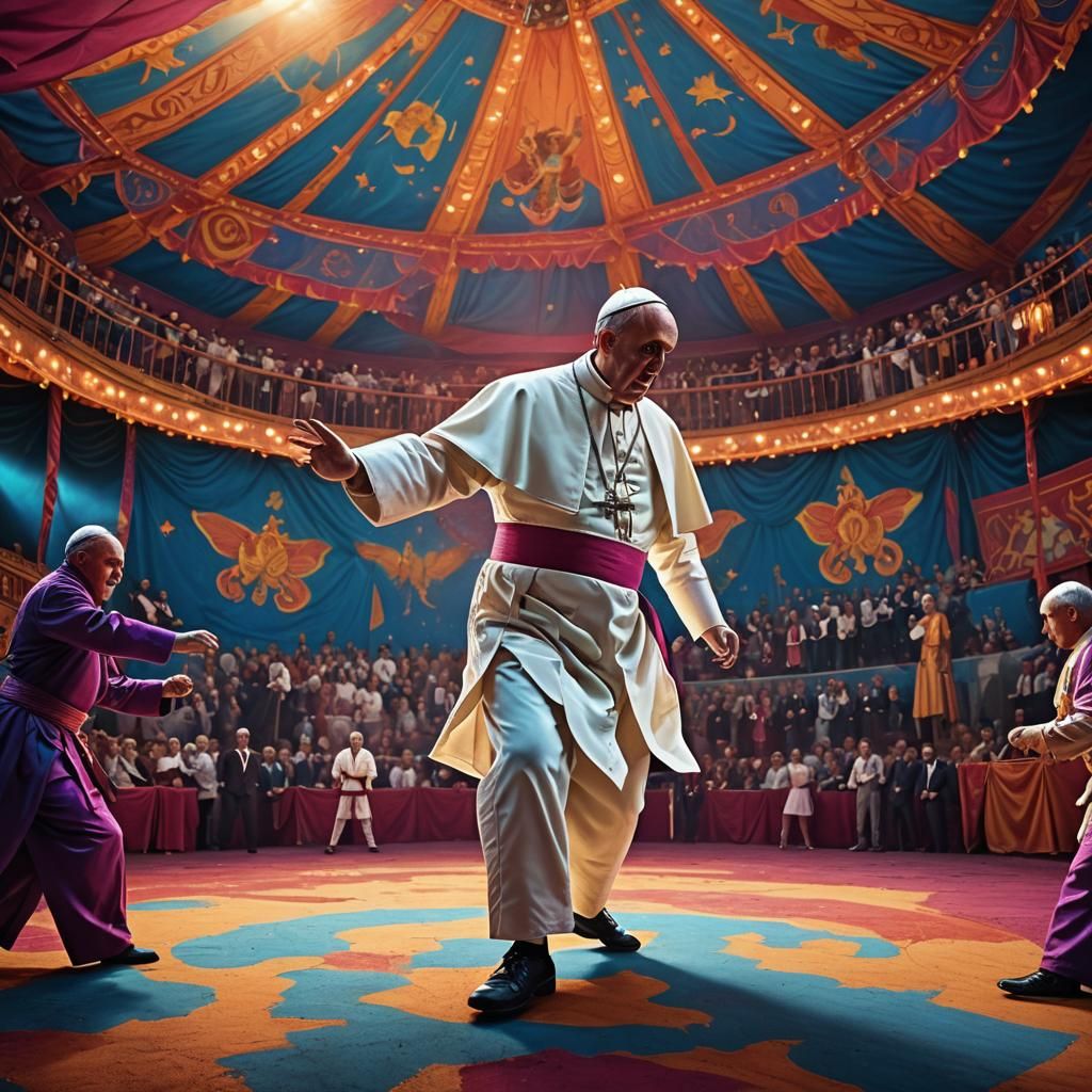 Pope Francis Karate in Vibrant Surreal Circus