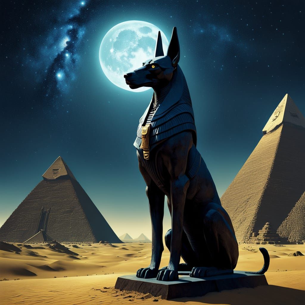 Obsidian Anubis Statue Under Starry Egyptian Sky