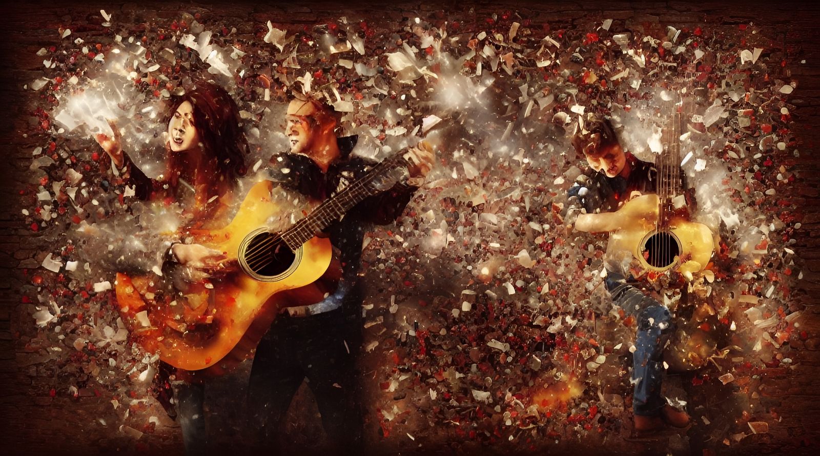 Maple acoustic guitar smashing into the brick wall, "a milli...