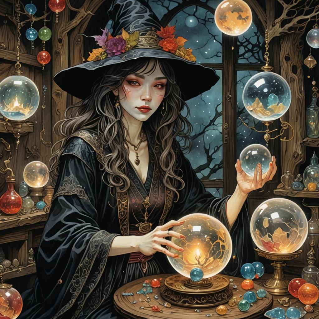 Laughing Witch Reads Future, Dark Fantasy Illustration