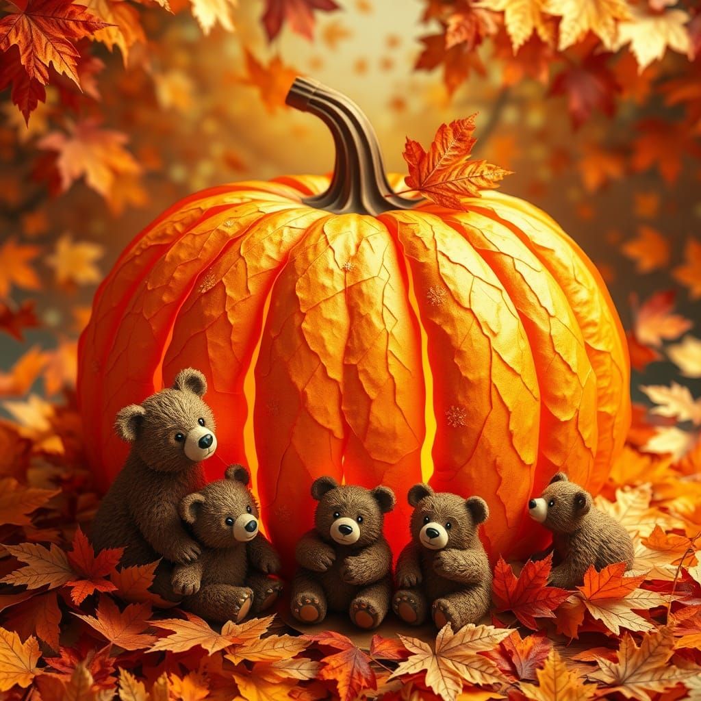 Intricate Collage of a Pumpkin with Bears