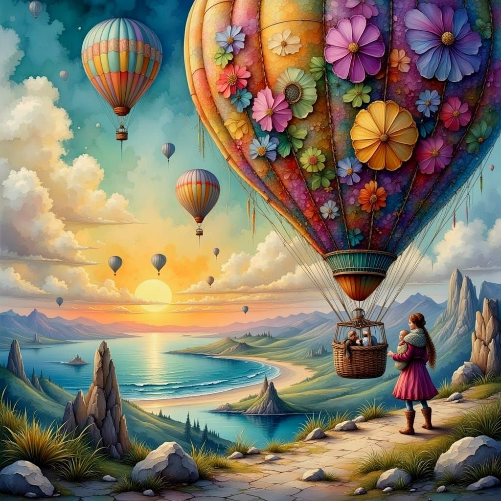 Hot Air Balloon Ride at Sunrise: Watercolor Painting