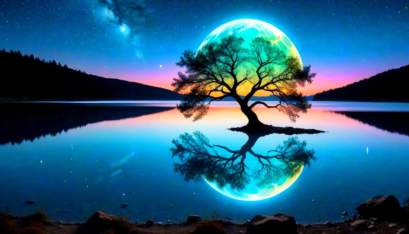 Mystical Tree Eye Reflects Cosmic Night Sky