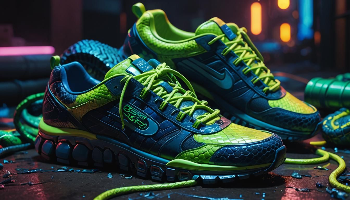 Cyberpunk Still Life: Python Coiled on Sneakers