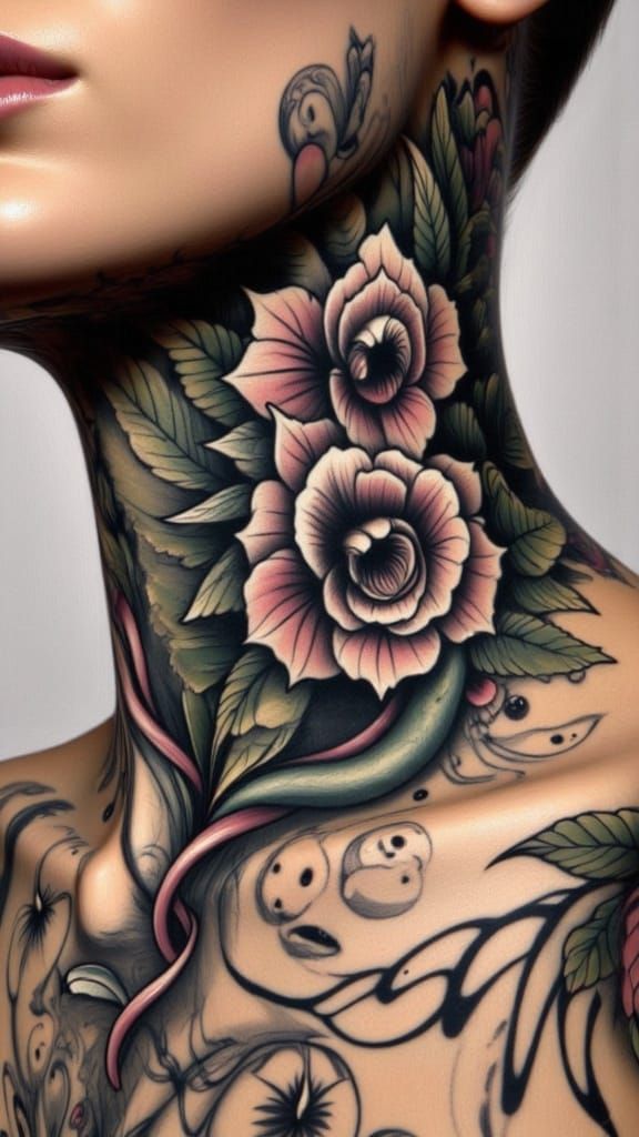 Gothic Neck Tattoo with Lace and Vines