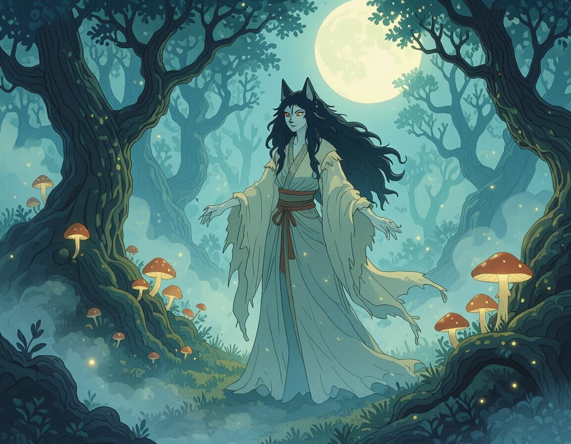 Werewolf Enchantress in Moonlit Forest, Ghibli Style