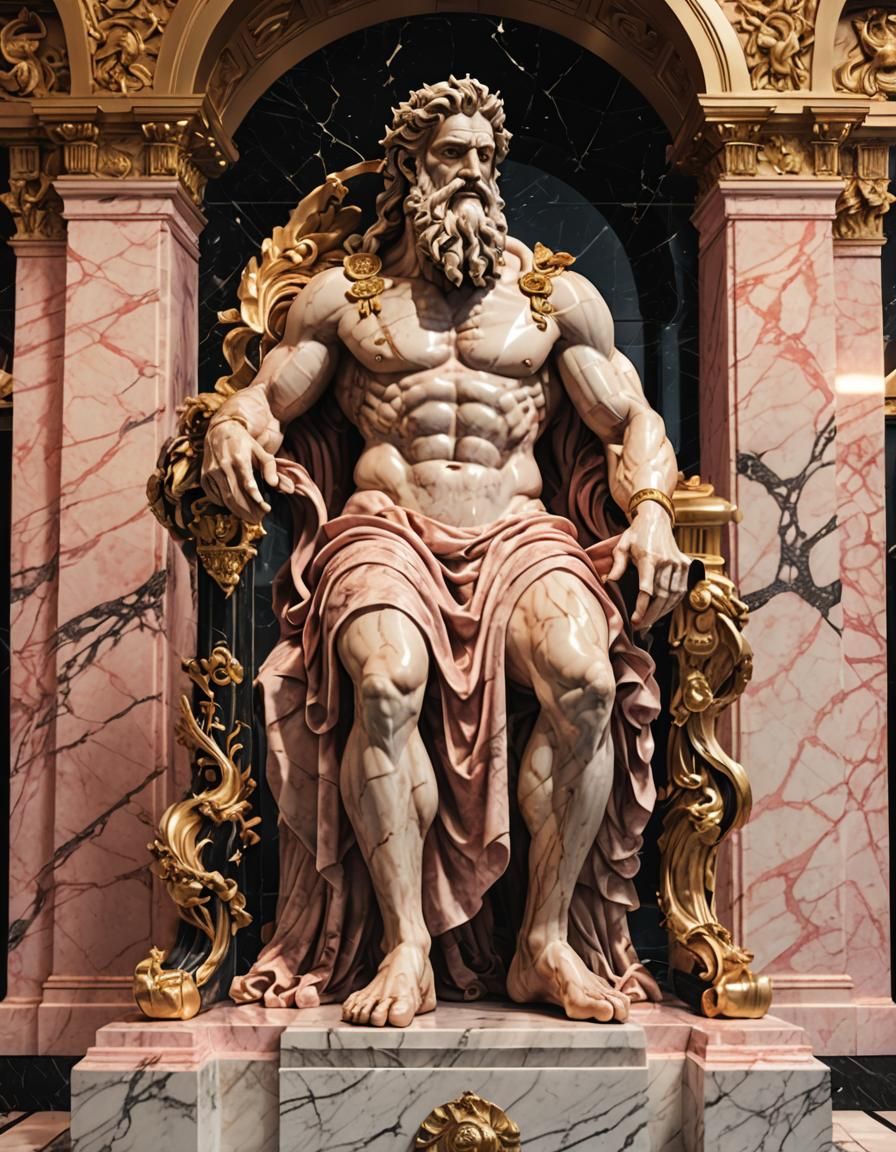 Hyperdetailed Pink Marble Statue of Zeus in Art Deco
