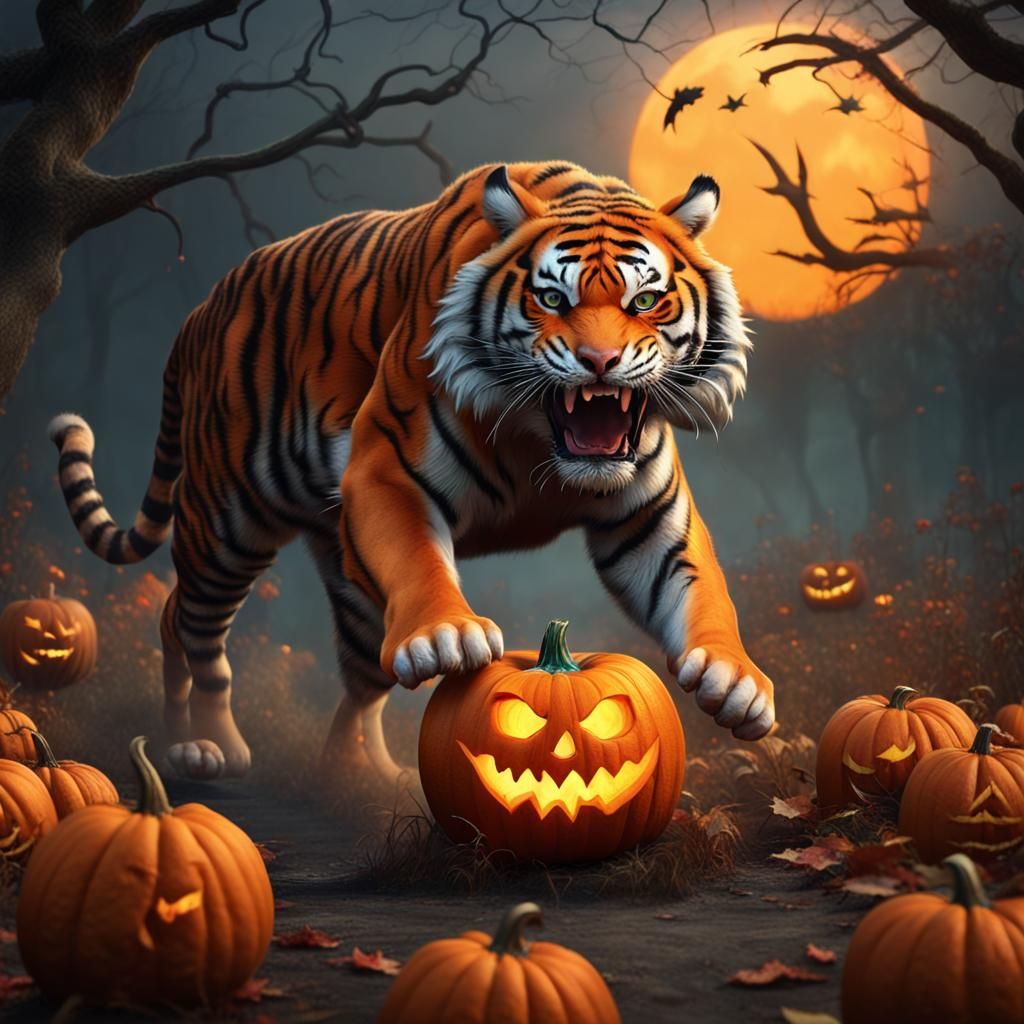 Tiger Hunting a Pumpkin in 8K