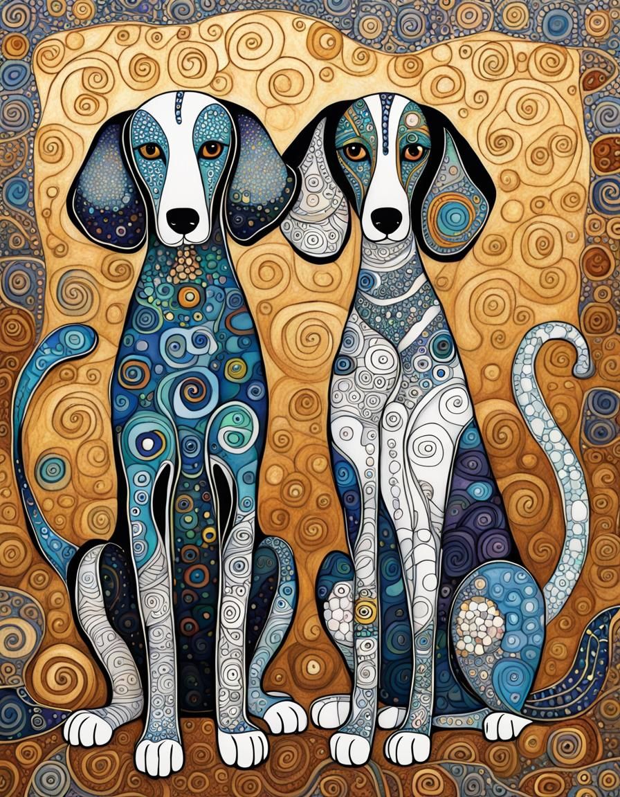 Elongated Dogs in Klimt Style with Zentangle