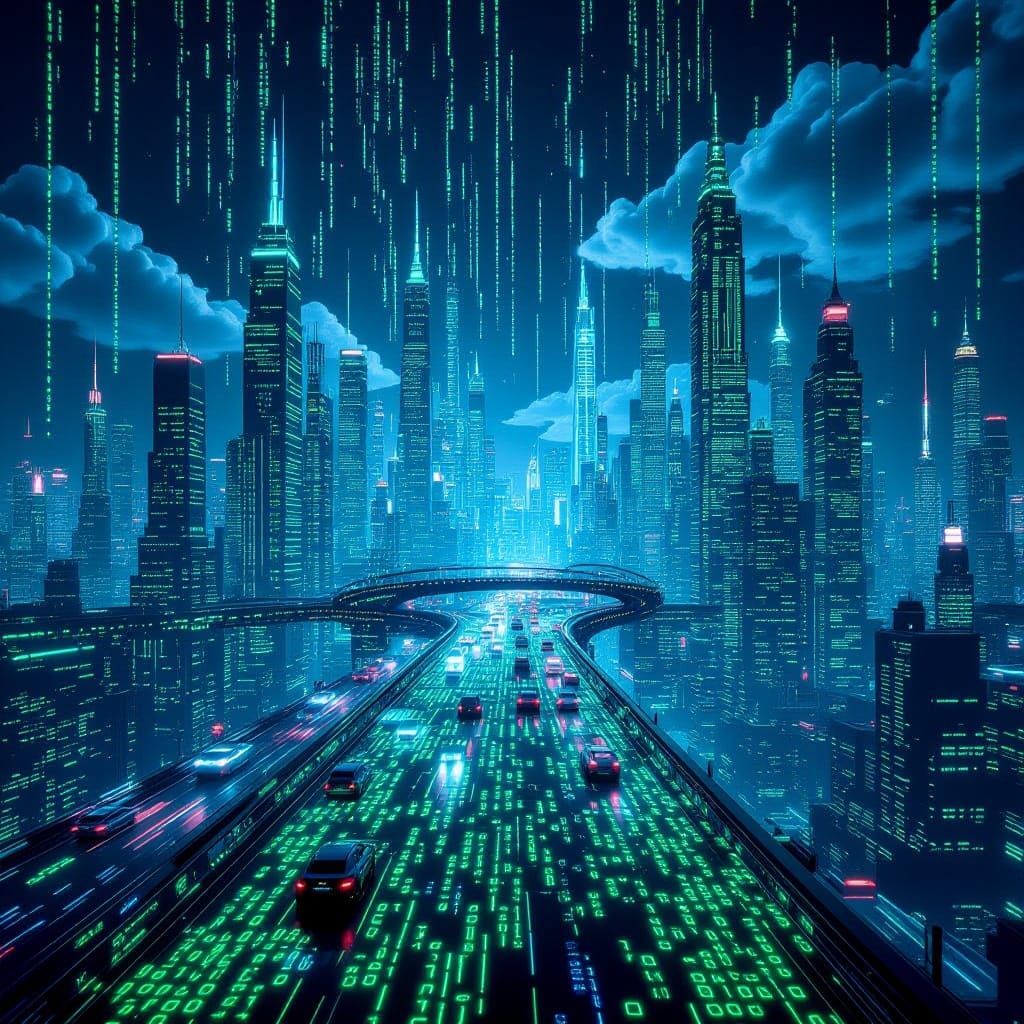 Futuristic Cityscape of Glowing Binary Code