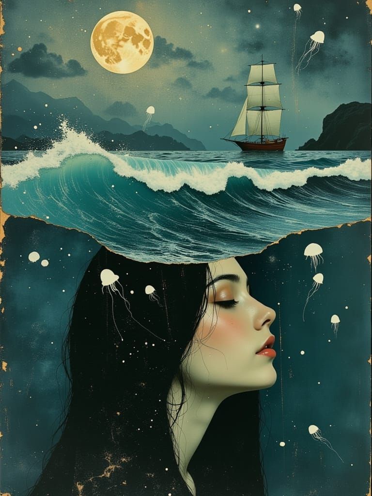 Surreal Woman's Head Opens to Bioluminescent Ocean