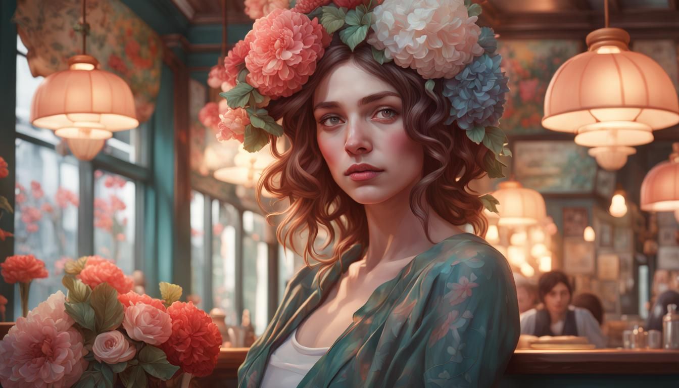 Woman in Flower Cafe: Art Nouveau Portrait