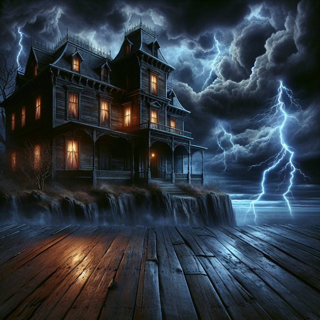 Gothic Haunted House on a Cliff in a Storm