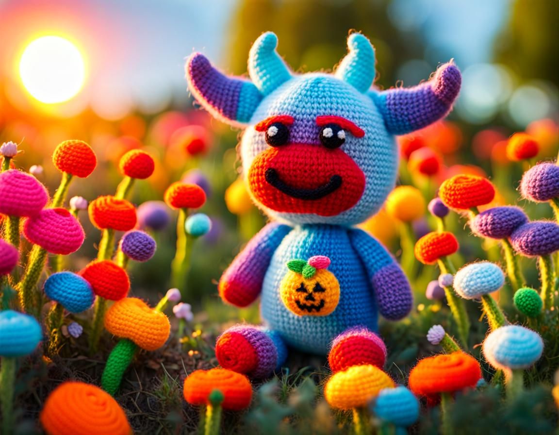 Cute Knitted Devil Toy in Flower Garden