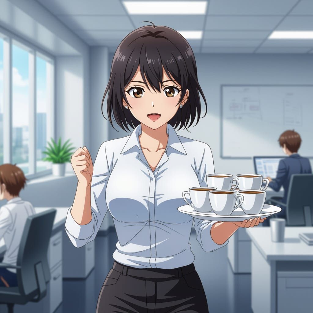 Anime Secretary Rushing with Coffee