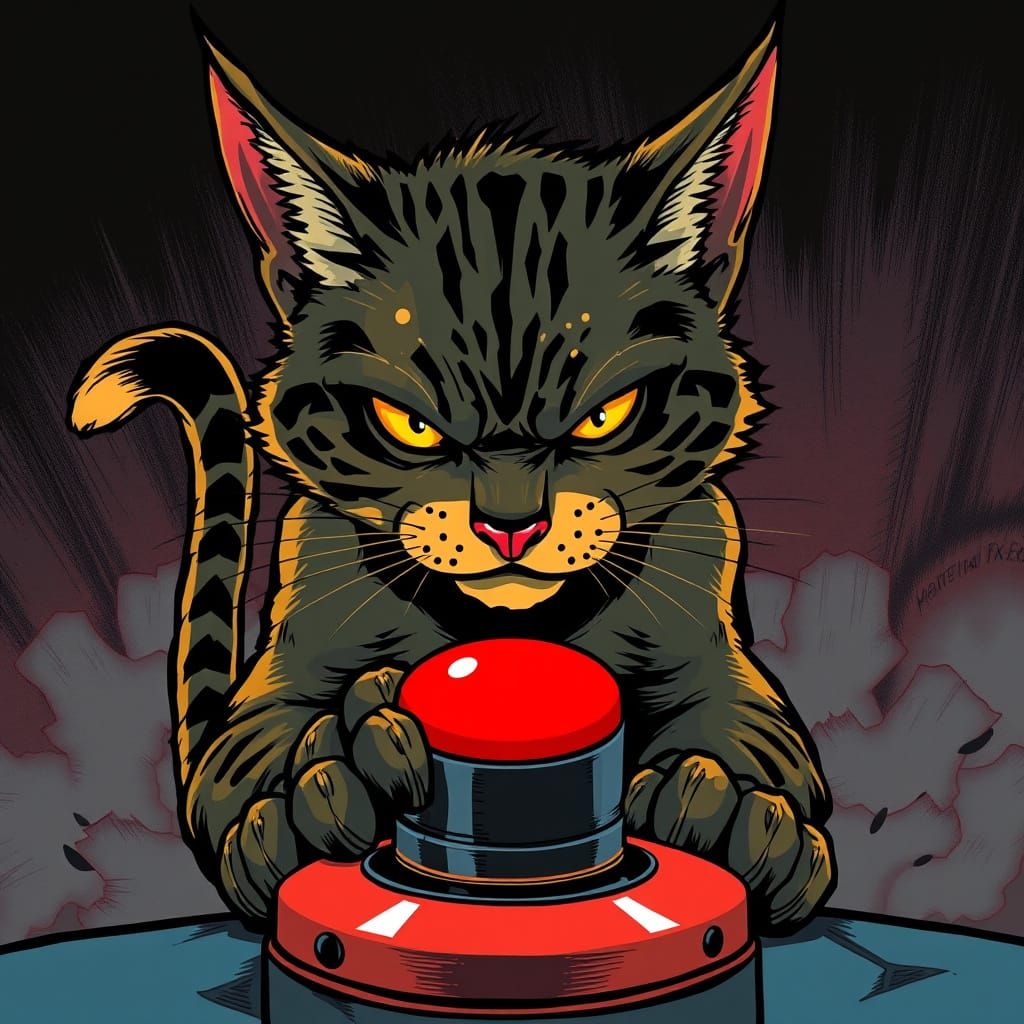 Menacing Feline Guardian in High-Contrast Comic Book Style