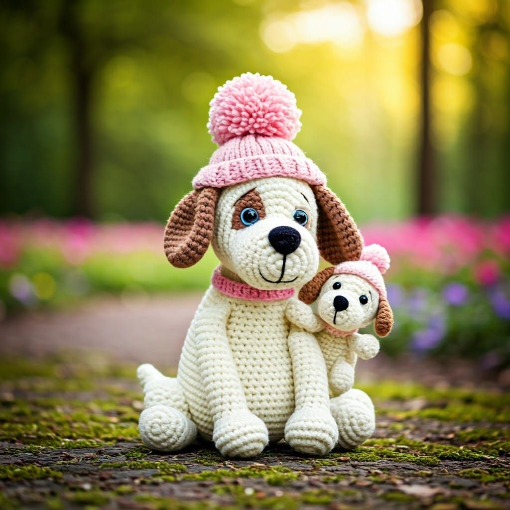 Amigurumi Mother Dog and Puppy in Impressionist Park