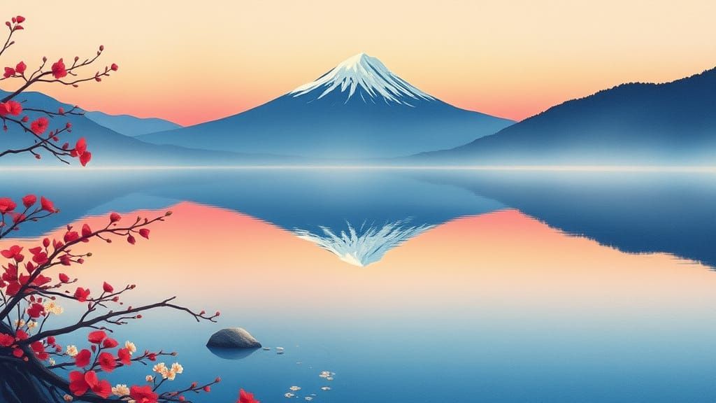 Mount Fuji Dawn Reflection in Japanese Art Style