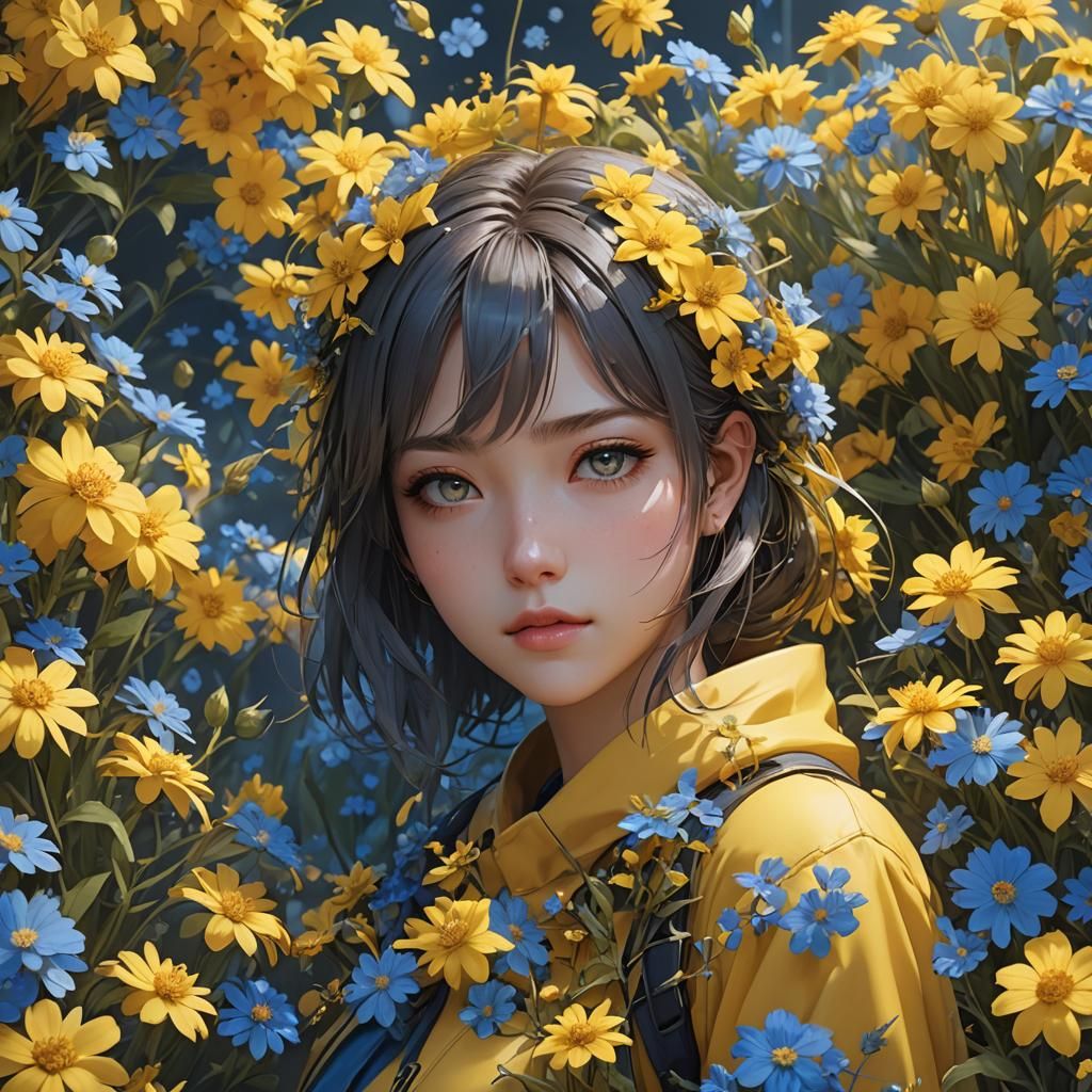 Anime Girl in Flowers 3D Render