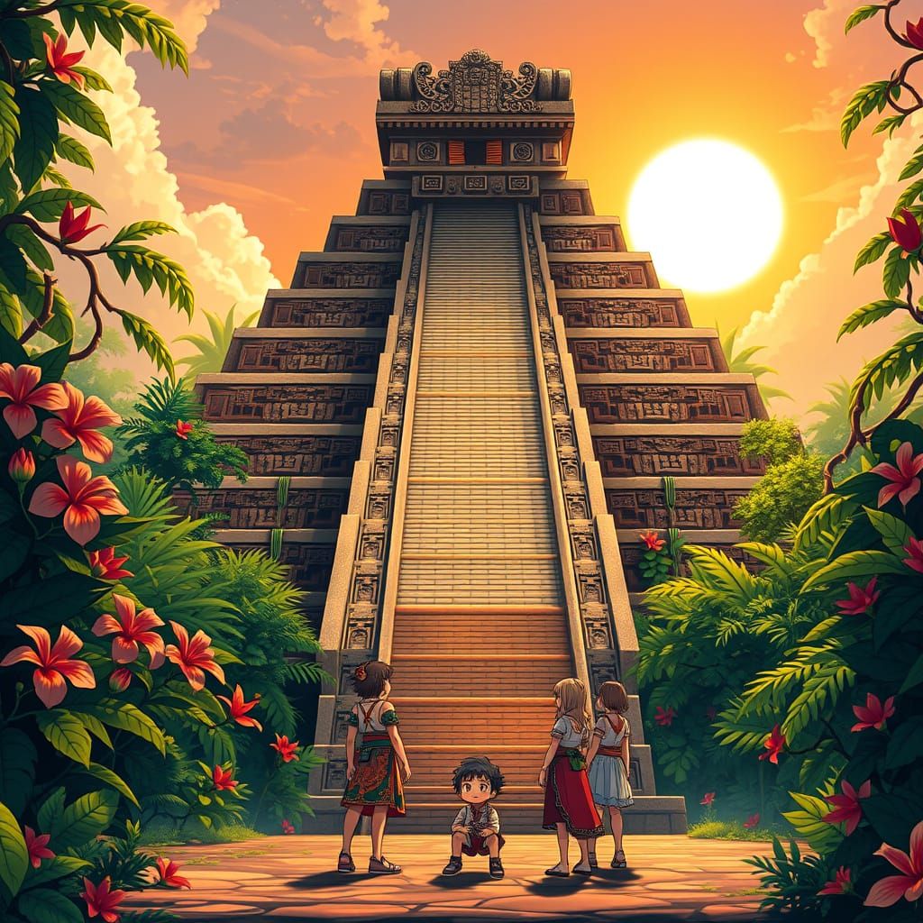 Ancient Aztec Pyramid in Vibrant Jungle Setting, Anime-Inspi...