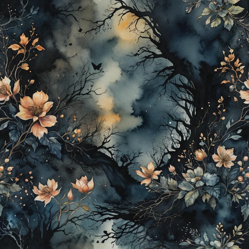 Moody Darkwave Watercolor Nightscape: Intricate Textures