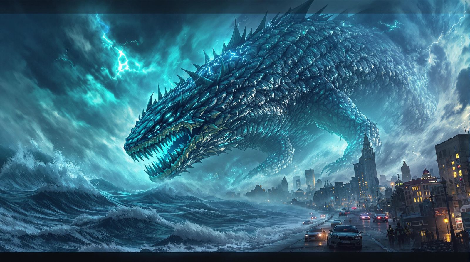 Colossal Kaiju Rises from Atlantic Storm