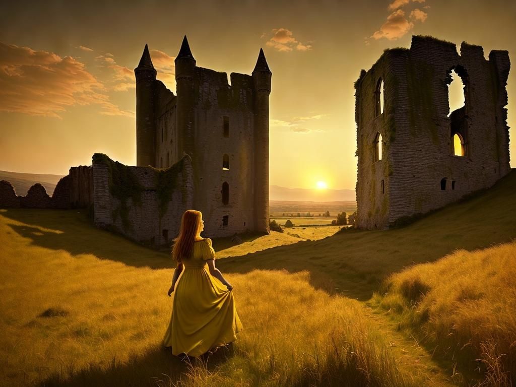 Ruined Castle Shadows with Woman in Yellow Dress