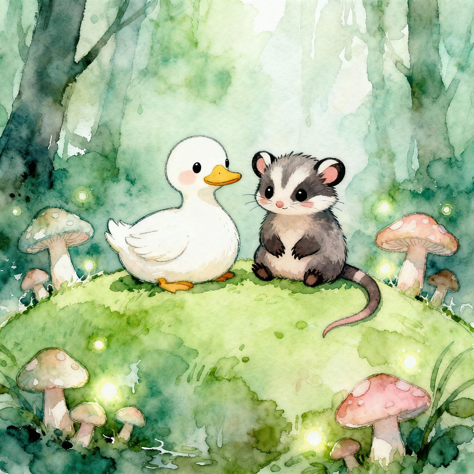 Chibi Duck and Opossum on Hillside with Mushrooms Watercolor...