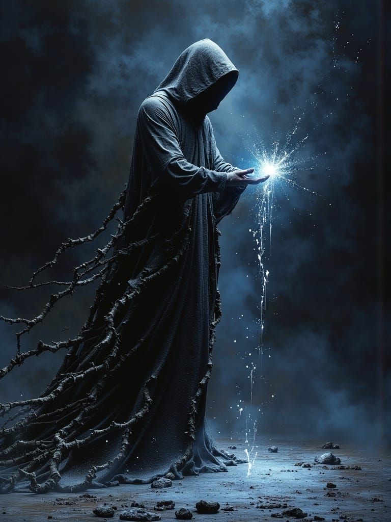 Mysterious Figure Performing Magic in Dark Oil Paint