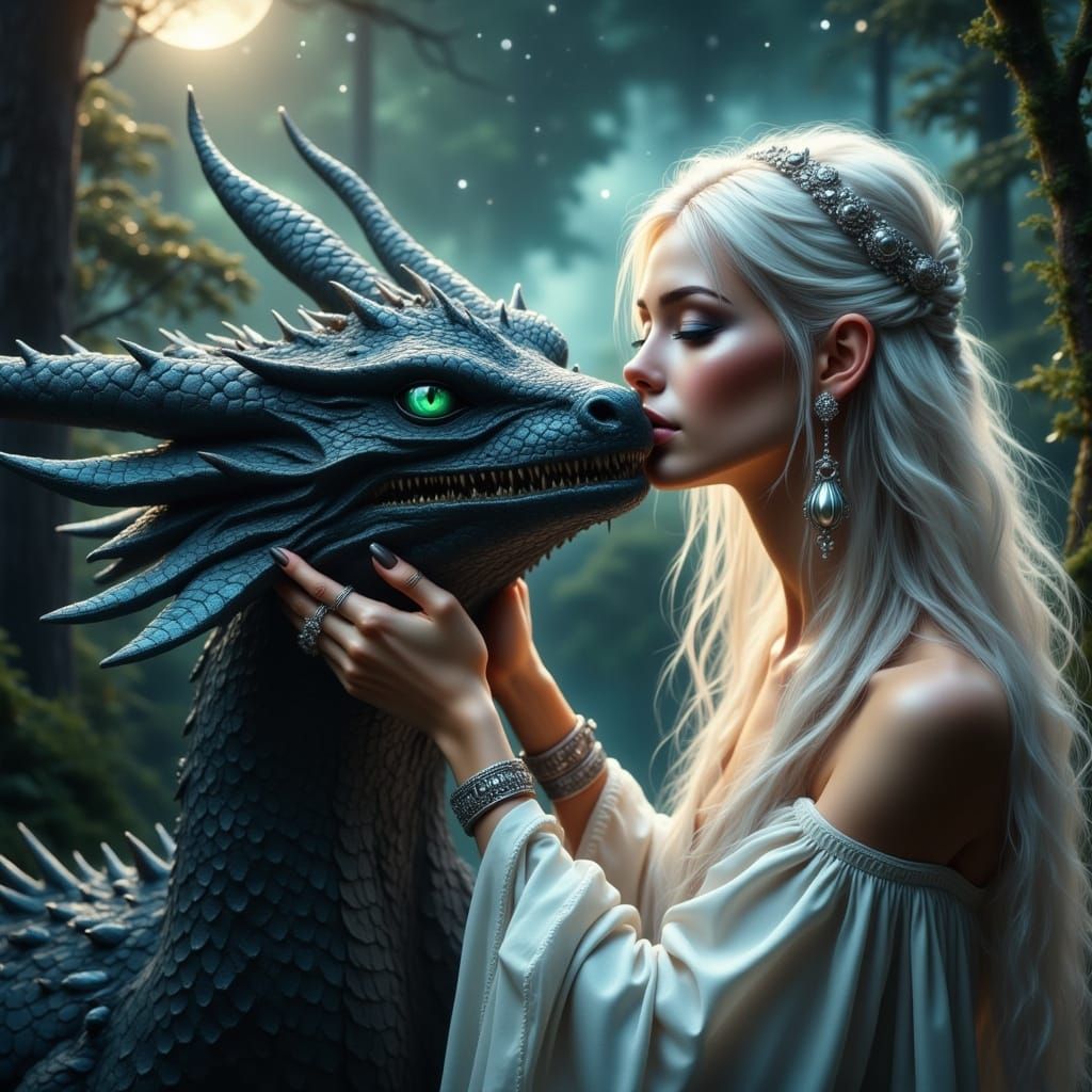 Goddess Embracing Dragon in Moonlit Forest