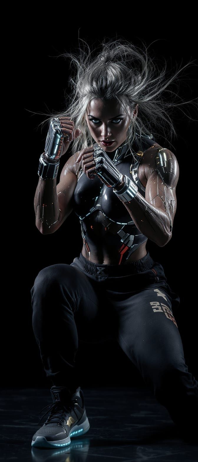 Female Cyborg Fighter in Dynamic Combat Stance