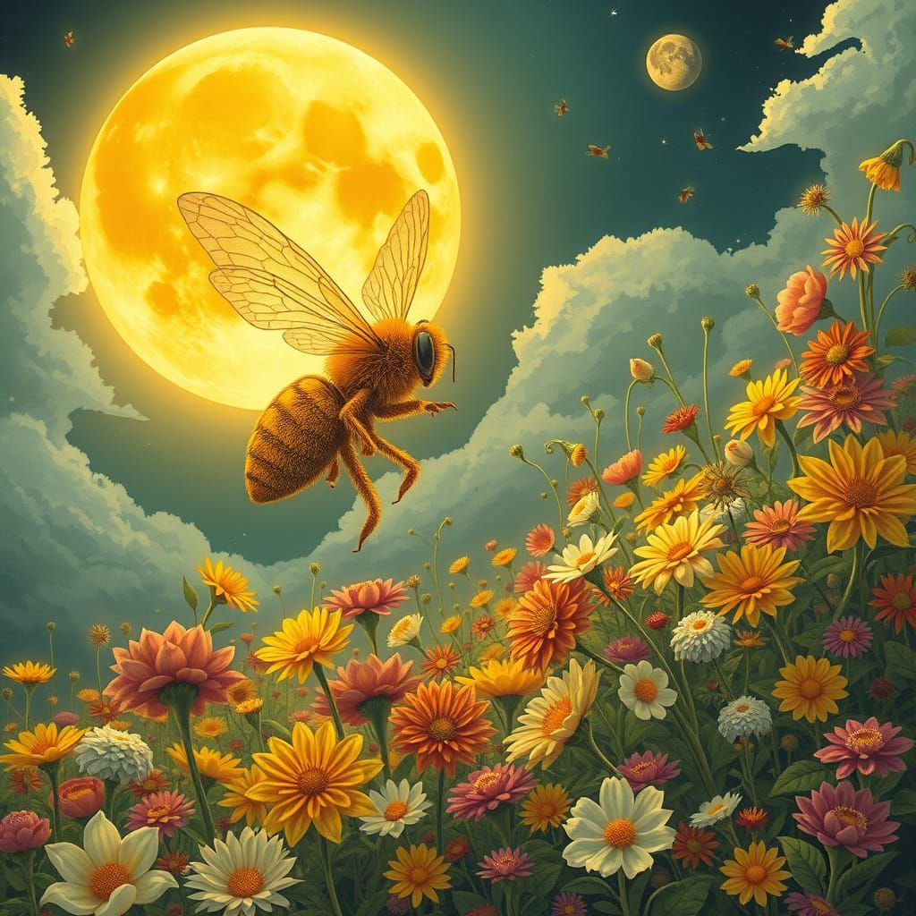Golden Bee Goddess Tends Whimsical Garden