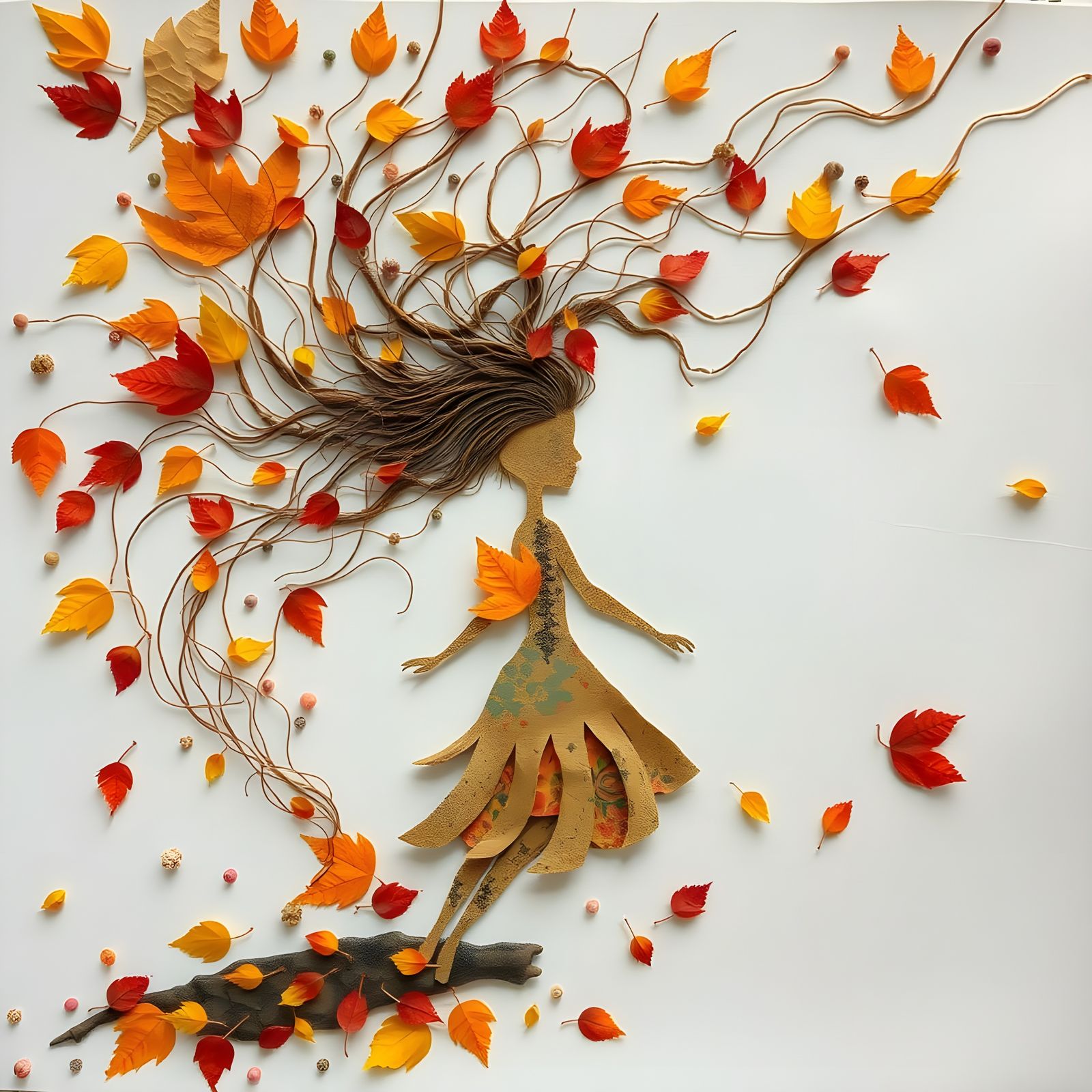 Colorful Paper Collage of Autumn Leaf Woman