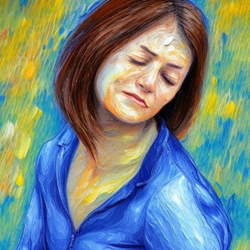 Woman Crying in Rain, Neo-Impressionist Oil Painting