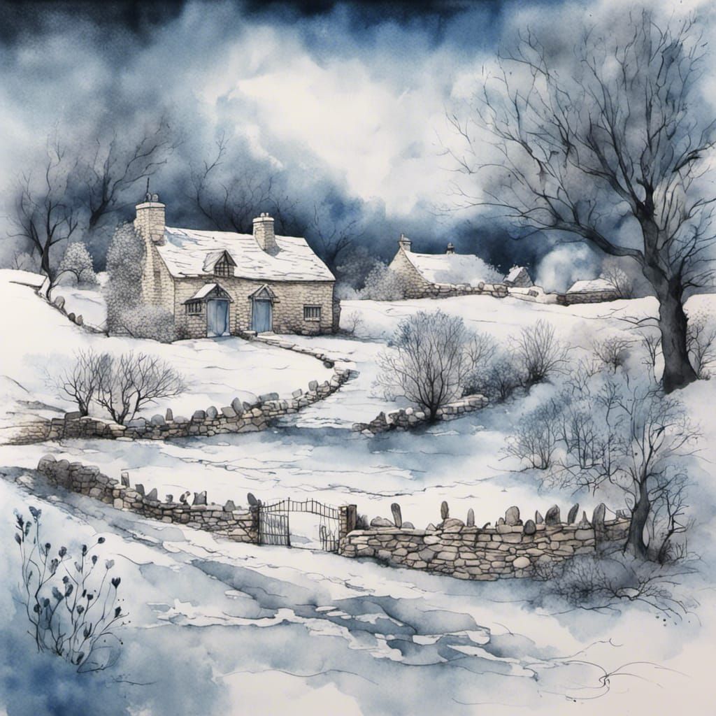 Wintery Cotswold Landscape with Cosy Cabin