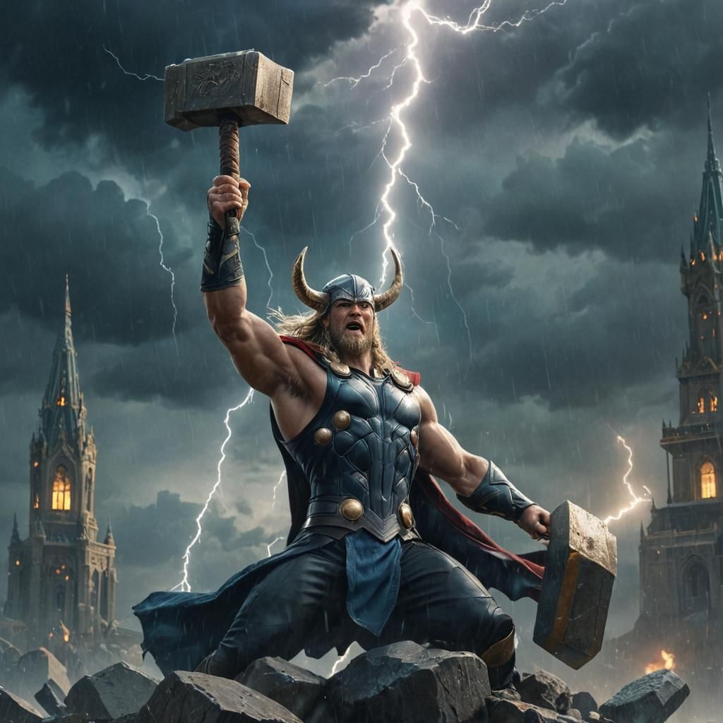 Thor Wields Mjolnir in Stormy Asgard: Fantasy Art