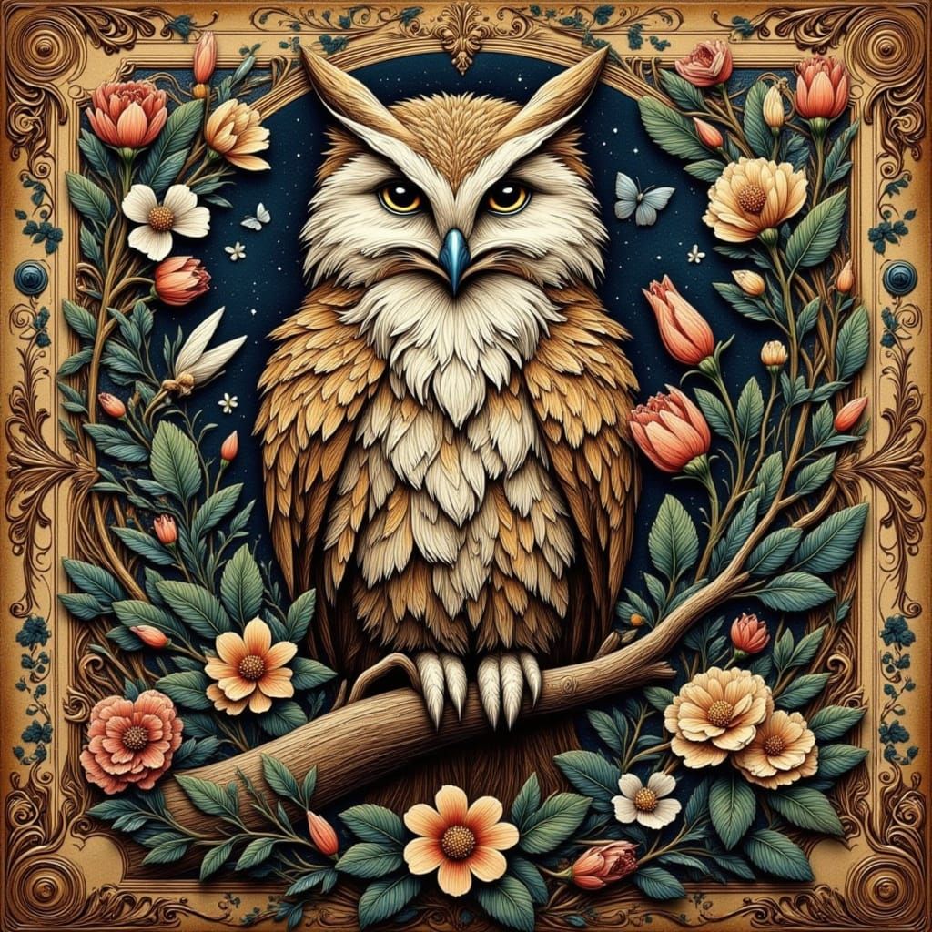 Barn Owl on Textured Branch with Lush Botanicals