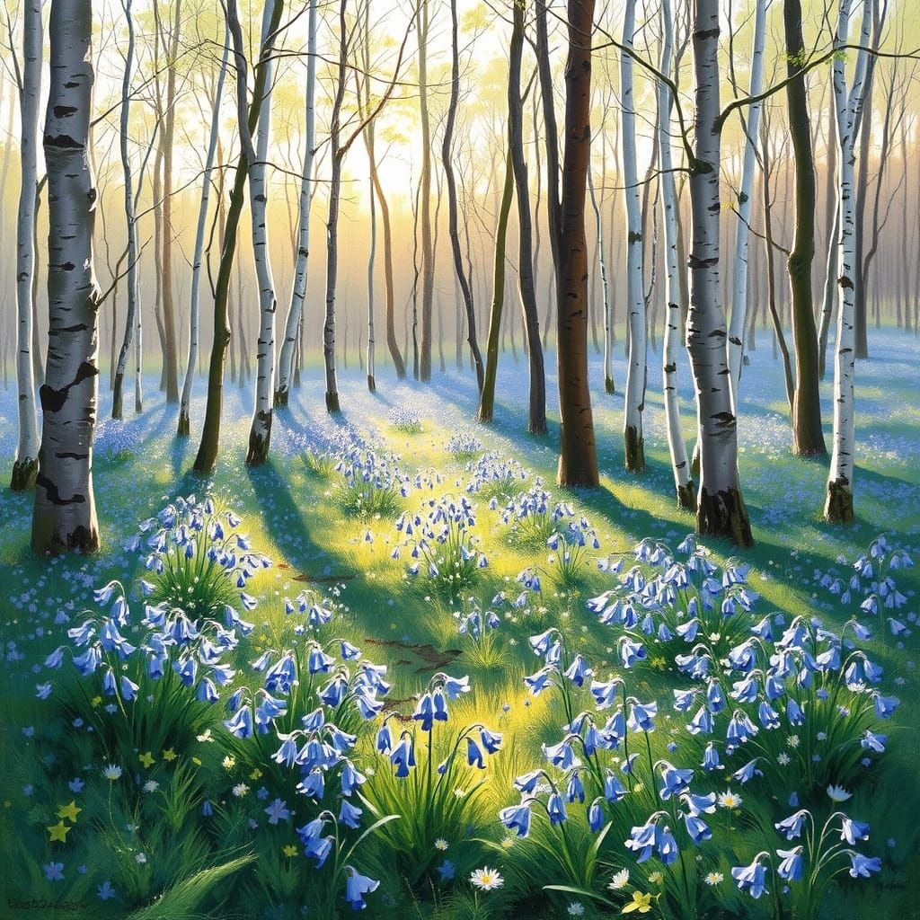 English Bluebell Wood in Spring Sunlight