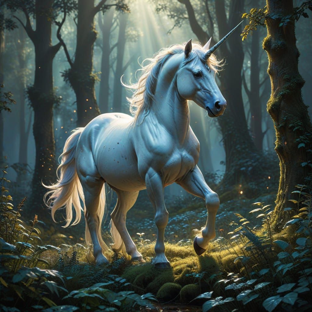 Ethereal Unicorn in Mystical Forest, Fantasy Art