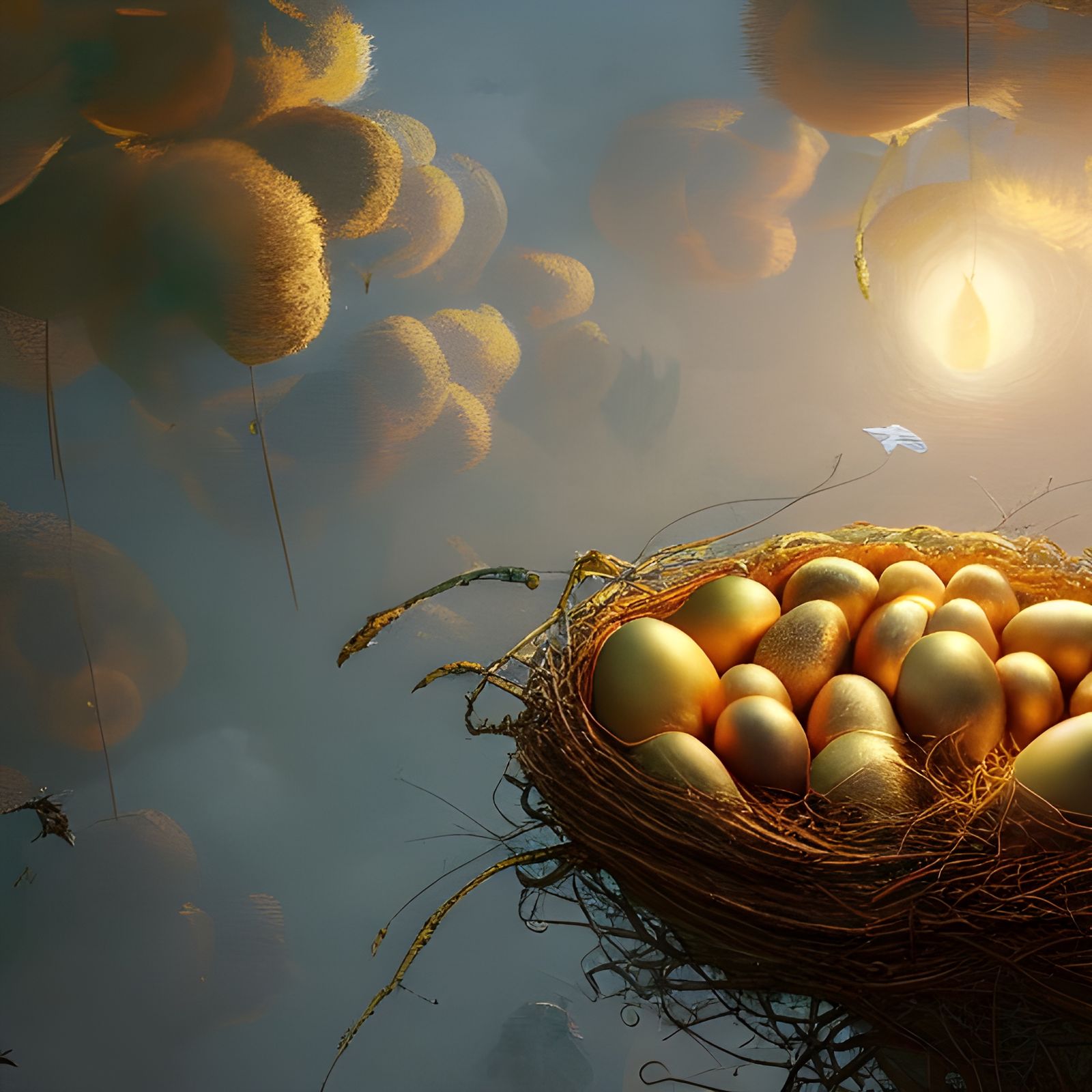 Golden Eggs in Heavenly Nest: Fantasy Art